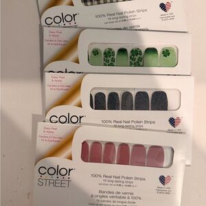 Color Street Nail Strips - Shamrock Green, Glitter Blue, Soft Pink